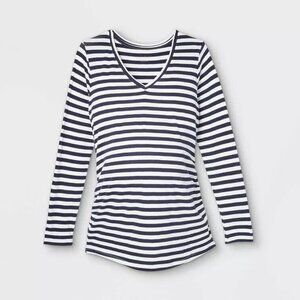 Isabel Maternity Long Sleeve T-Shirt V-Neck Side Size L White Navy Stripes